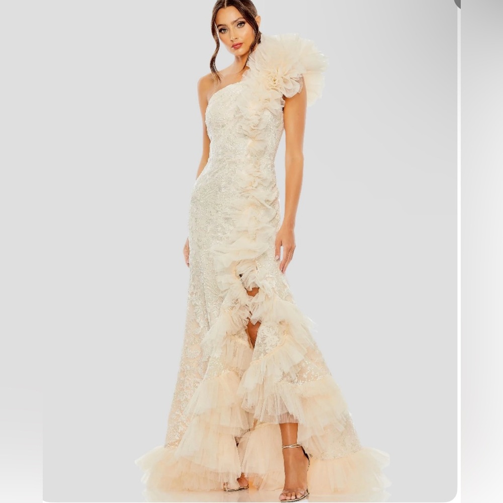 Mac Duggal One Shoulder Ruffle High Low Tulle Gown